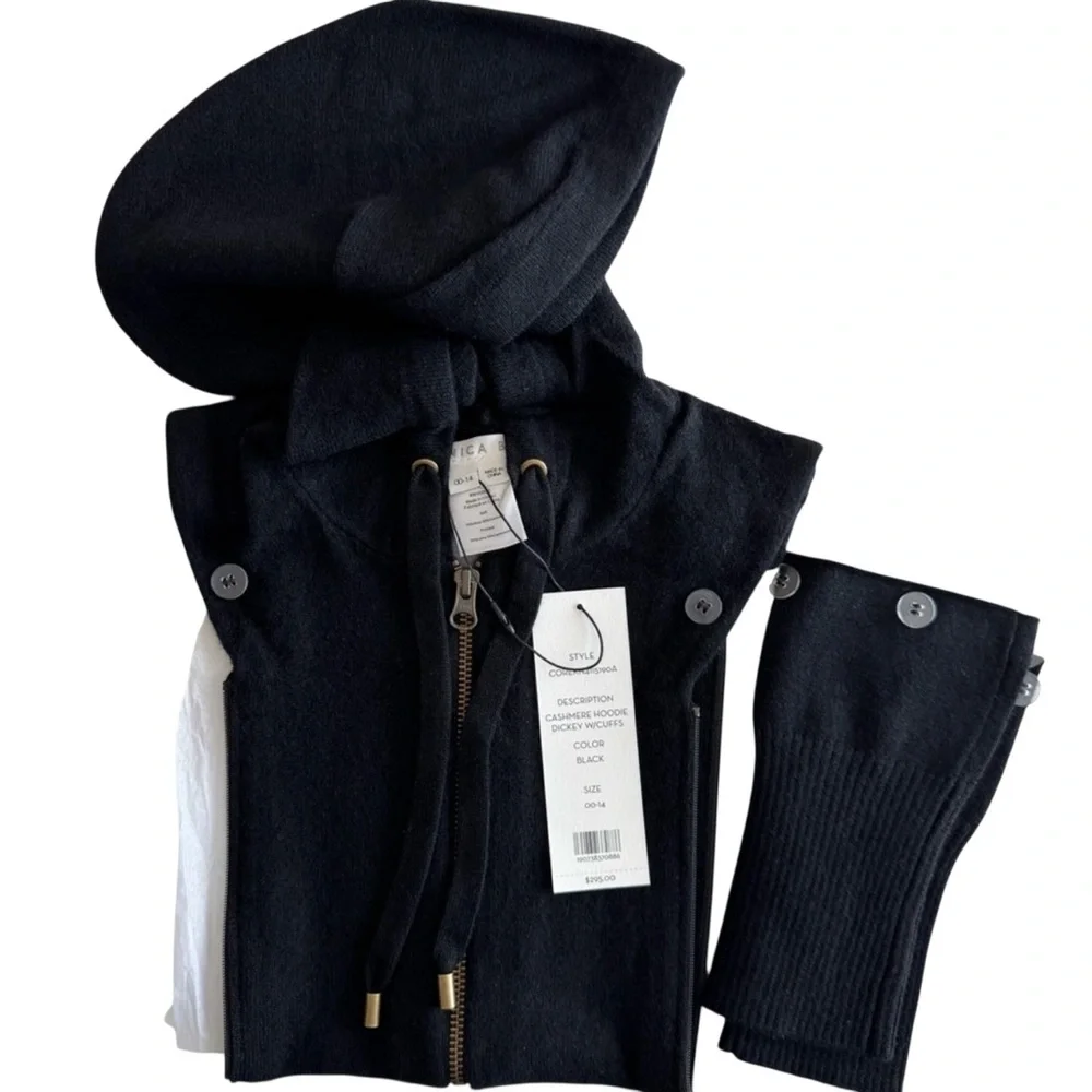 VERONICA BEARD Cashmere Hoodie Dickey Jacket Insert with Cuff Warmers Black Wool - Picture 5 of 5